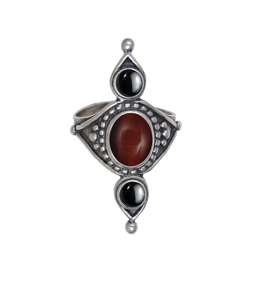 Sterling Silver Royal Ring With Red Tiger Eye And Hematite Size 9